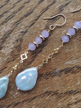 Hand Crafted Gold Drop Earrings with Lavender Beads and White Pearls